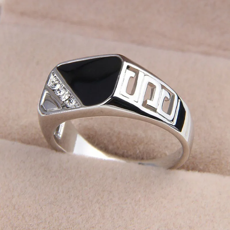 Rhineston Rings Men Fashion Jewelry Gold/Silver-Color Black Enamel Titanium Stainless Finger Ring Size 5-12