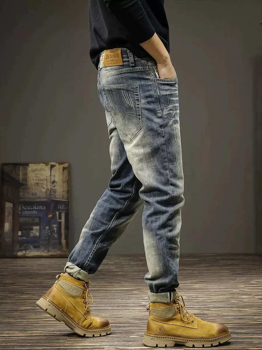Newly Fashion Designer Men Jeans Retro Blue Stretch Slim Fit Elastic Ripped Jeans Men Vintage Trousers Casual Denim Pants Hombre