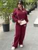 TRAFZA Women's Pant 2-Piece Set Female Fashion Versatile Printed Velvet Zip Jacket+Commuting Elastic Waist Belted Casual Pants 2