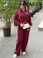 TRAFZA Women's Pant 2-Piece Set Female Fashion Versatile Printed Velvet Zip Jacket+Commuting Elastic Waist Belted Casual Pants 2