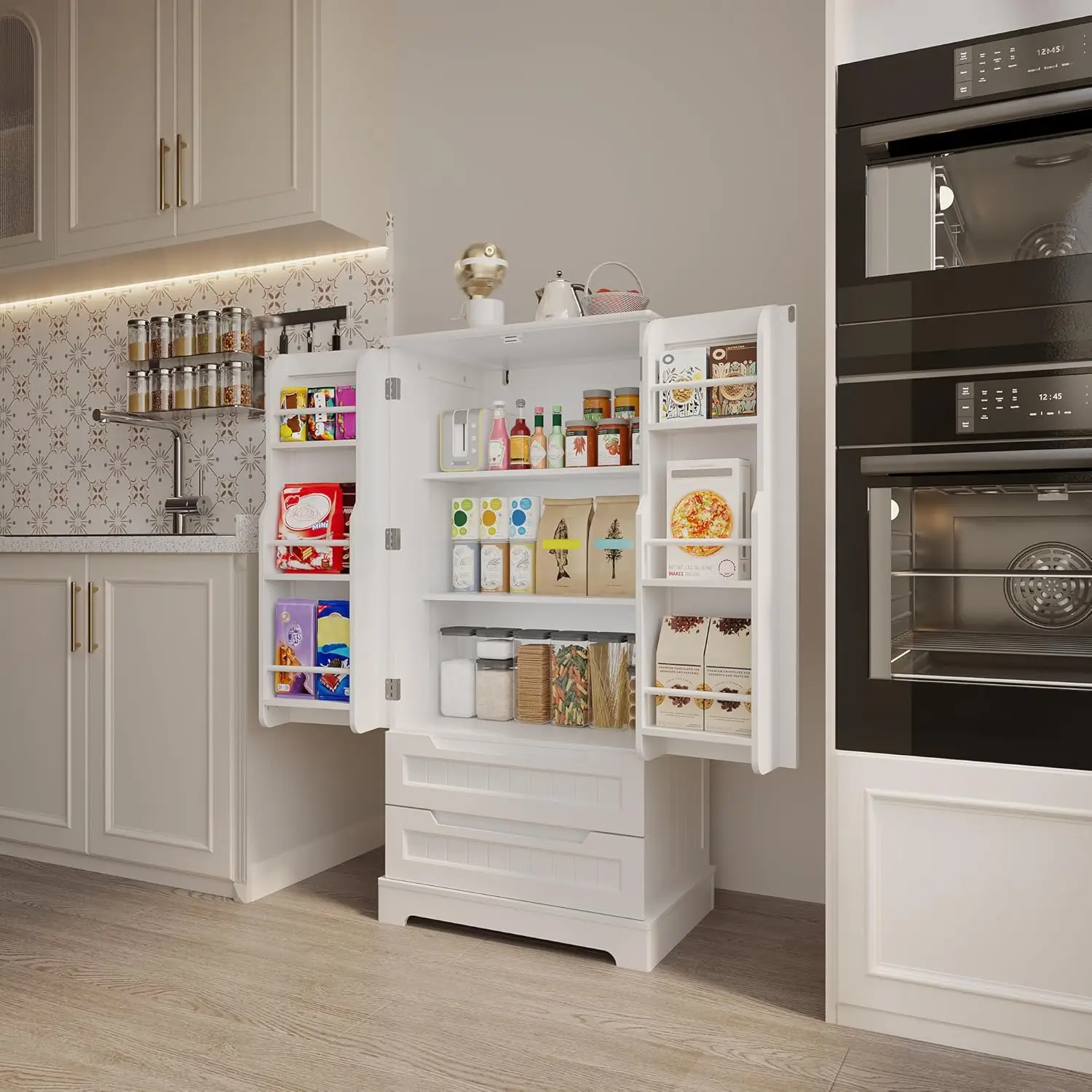 47" Kitchen Pantry Storage Cabinet with Drawers Freestanding Bathroom Storage Cabinets with Doors and Shelves, Small Food