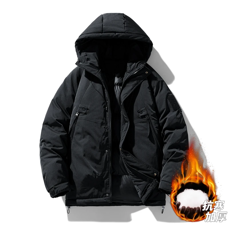 Men's Winter Tooling Outdoor Hooded Large Pocket Jacket Parkas Unisex Cotton-Padded Jacket Thick Warm Solid Color Windbreaker
