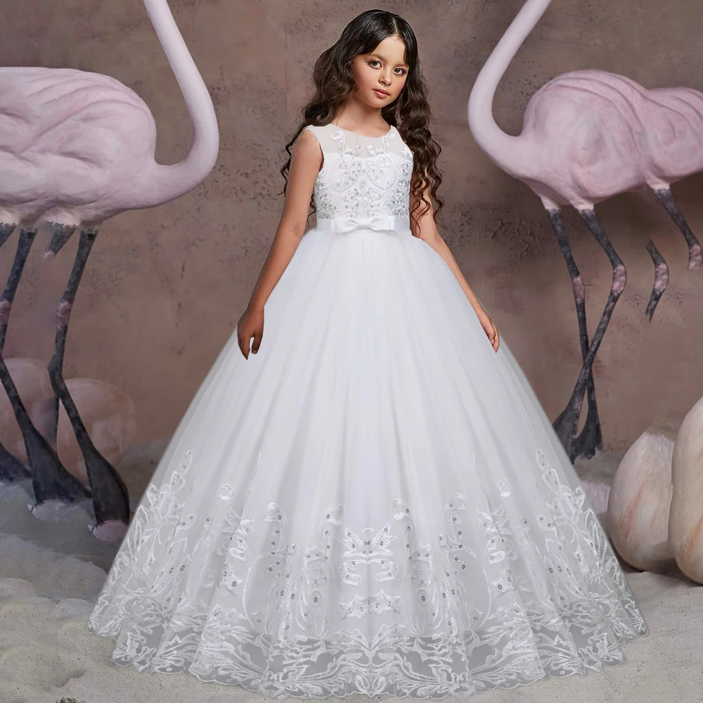 Puffy Tulle Lace Flower Girl Dress Christmas Costume Bride Bow Gown Princess Dress for Girls Wedding Party First Communion