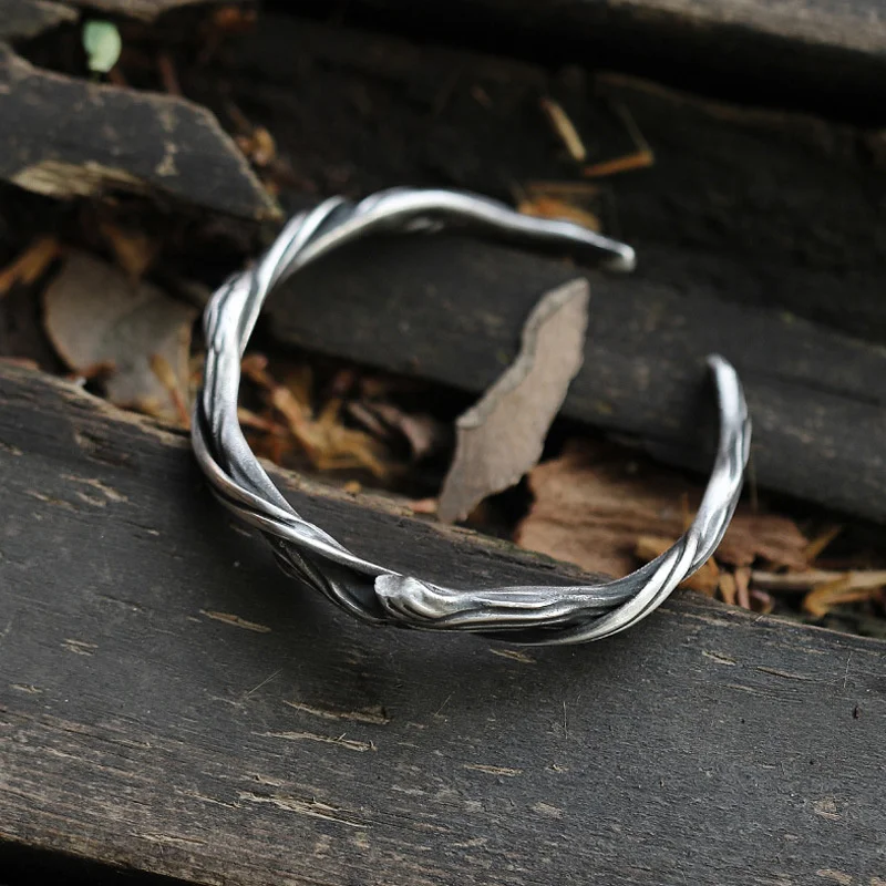 Personality Branch Bangle For Men Jewelry Open Size Trendy Silver 925 Bracelet Male Wood Pattern Hand Accessories