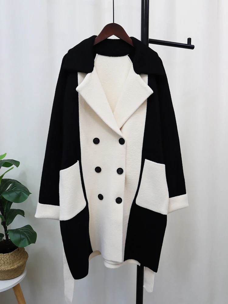 

High-end Luxury Contrast Color Black White Patchwork Notched Double Breasted Woolen Coats Casual Wool Blends Jacket Autumn X511