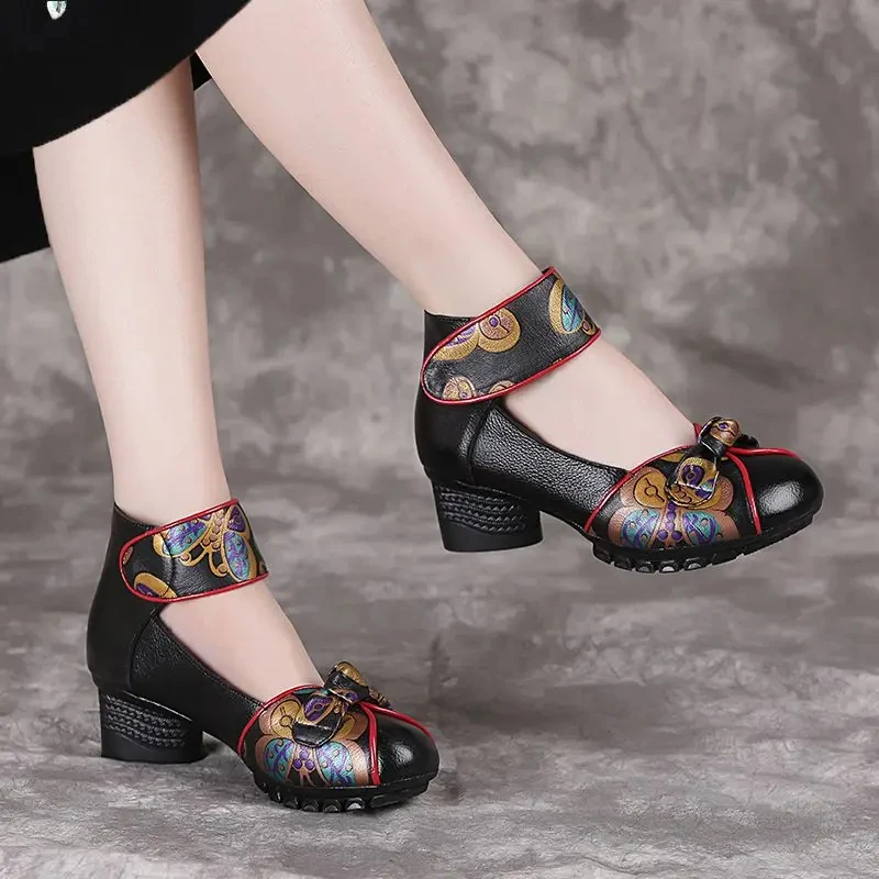 Feerldi Mom Soft Moccasins Woman 2024 Newest Floral Mary Janes Shoes Summer Round Toe Leather Pumps Women Shoes