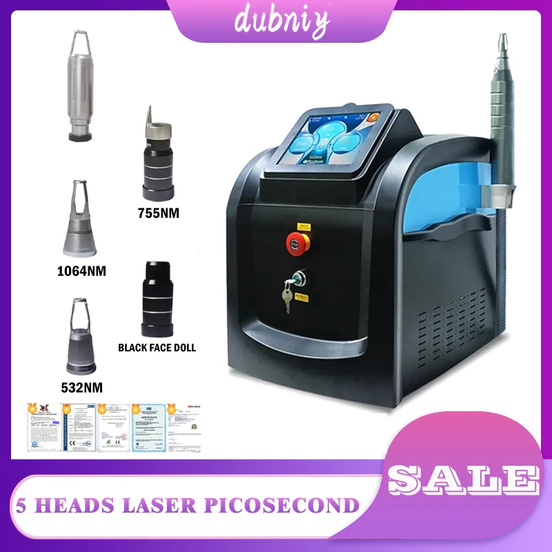 Portable Q-Switch Picosecond Laser Machine 755/1064/532nm for Tattoo & Pigment Removal Skin Whitening & Rejuvenation 5 Heads