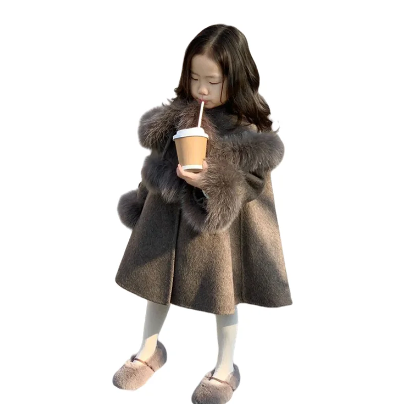 Kids jacket girls woolen coat overcoat jacket windbreak brown warm plus thicken autumn winter cotton teenagers children's clothing