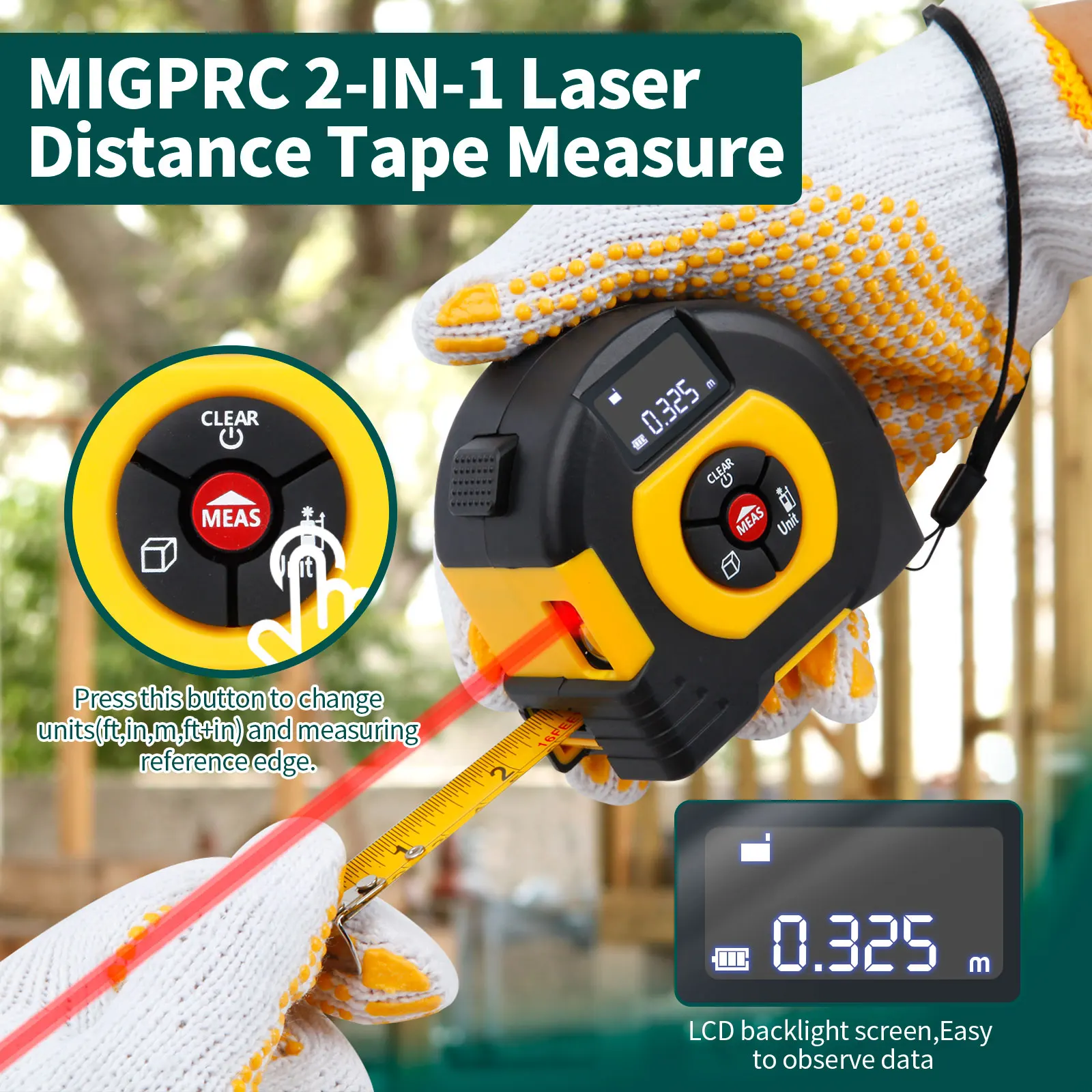 LaserTapeMeasure2In1DigitalTapeMeasureHighPrecisionLaserRangefinderSteelTape