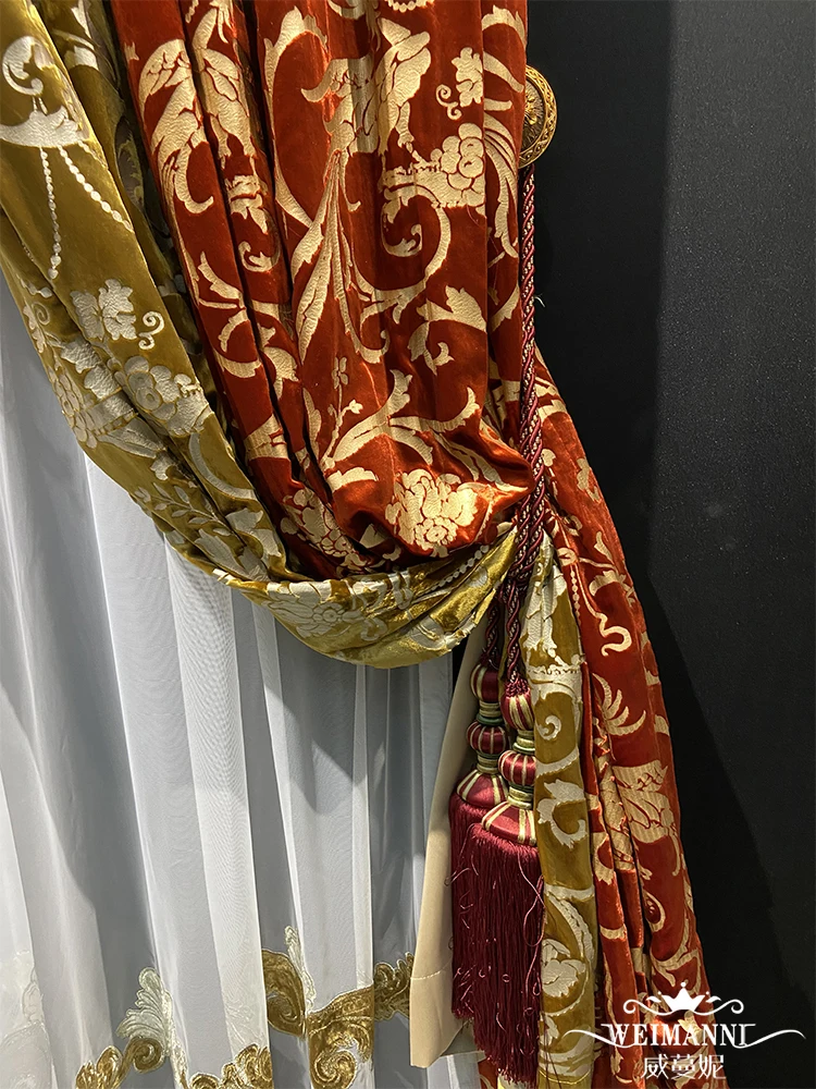 thumbnail image 1 of Customized Wine Red Gold Velvet Gilded Jacquard Curtains for Villas Splicing Living Room Bedroom French Window Balcony Window, 1 of 5