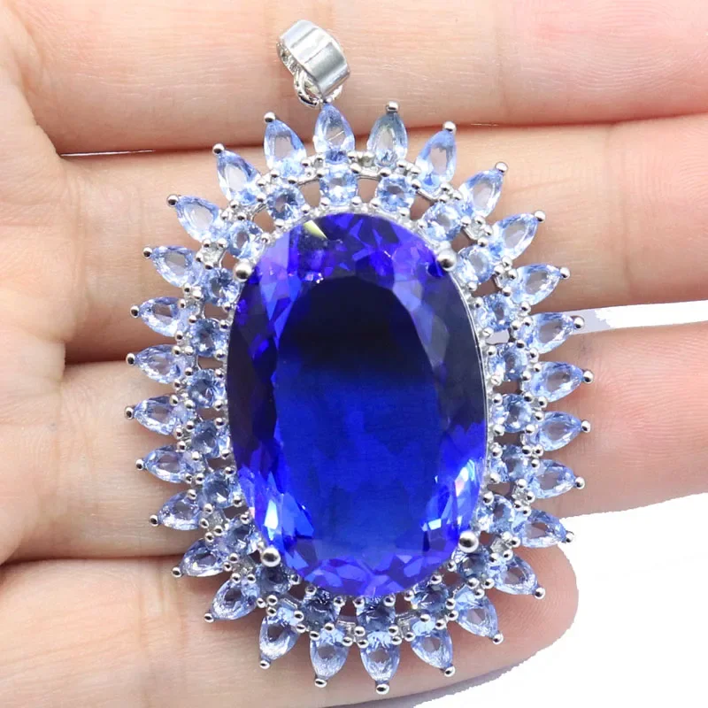 17g  Real 925 Solid Sterling Silver Pendant Long Big Heavy Violet Tanzanite Smoky Swiss Blue Blood Ruby Citrine Kunzite Women