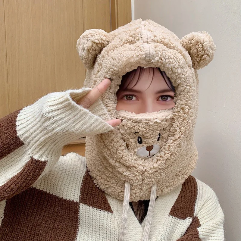 Women Hat Scarf Glove all-in-one Winter Versatile Cute Plush Cap Warm Thickened anti-freezing Windproof Hooded Scarf Gift