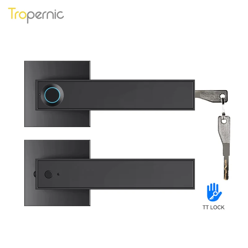 

Wireless Smart Blue Tooth Ttlock Door Handle Lock Biometric Fingerprint Password App Keyless Entry Lever Home Security Silver