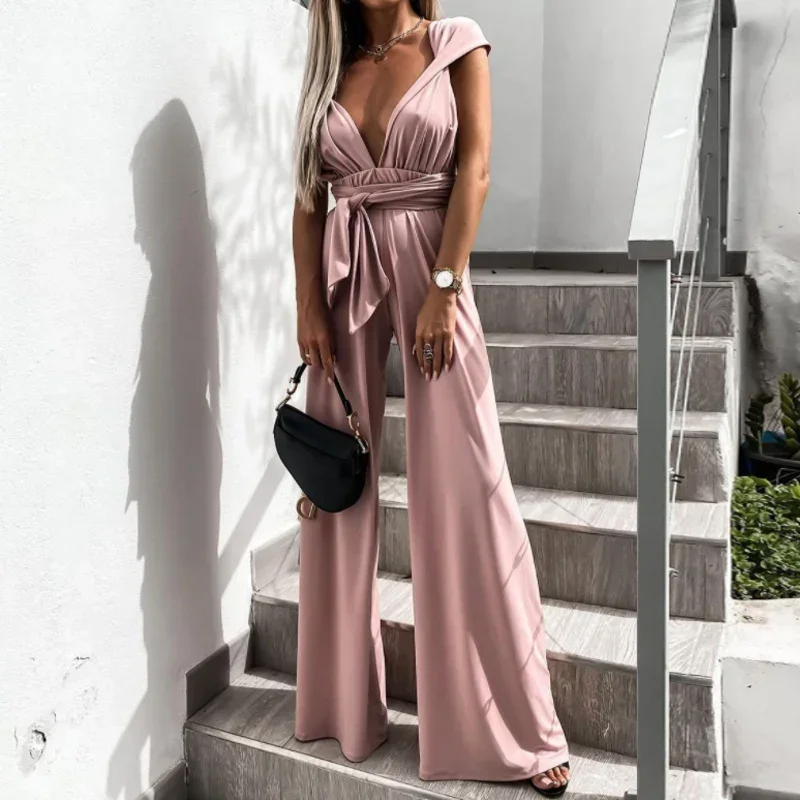 2024 New Women Hollow Out Strappy Jumpsuit Elegant V-Neck Sexy Bodysuit Romper Casual Fashion Solid Color Summer Jumpsuit OFE01
