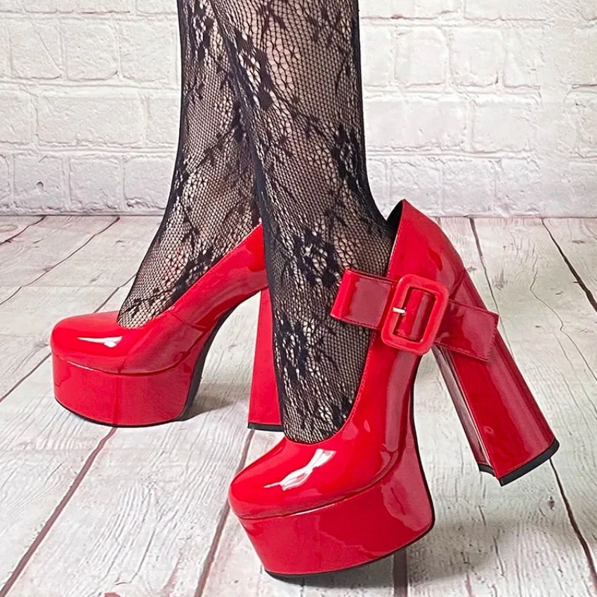 

2024 New Fashion Women Platform Pumps Patent Chunky Heels Round Toe Gorgeous Red White Pink Night Club Shoes Women US Size 5-15