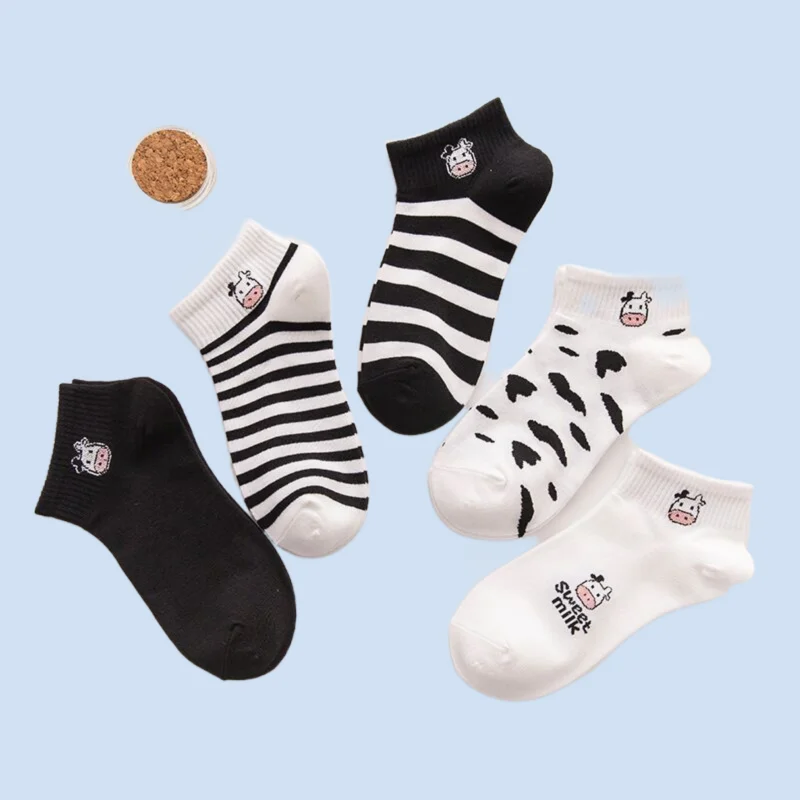 

5/10 Pairs Spring and Summer College Women's Cotton Socks Cartoon Black and White Cow Socks Summer Thin Shallow Mouth Socks