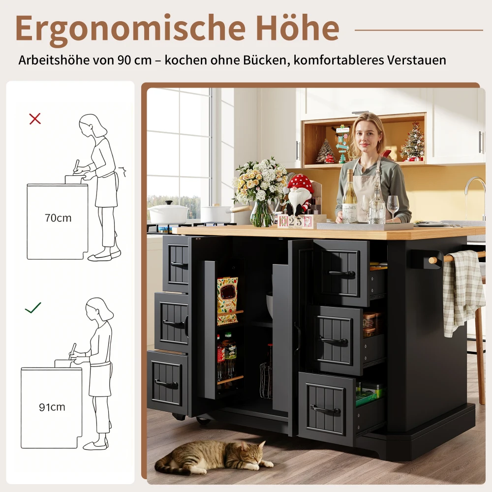 120x45(75)x91cm Moderne Mobile Kücheninsel, Küchenschrank, Küchenwagen mit 2 Türen & 6 Schubladen, Rollbar, Weiß/Schwarz – Detail 22