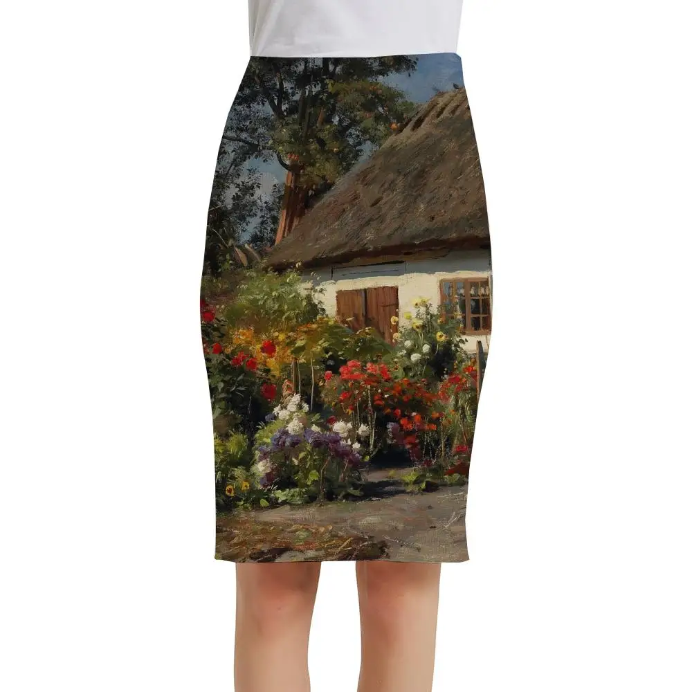 

KYKU Landscape Skirts Women Flower Print Skirt Vacation Sexy Painting Sundresses Office Ladies Skirts Womens summer Cool Party