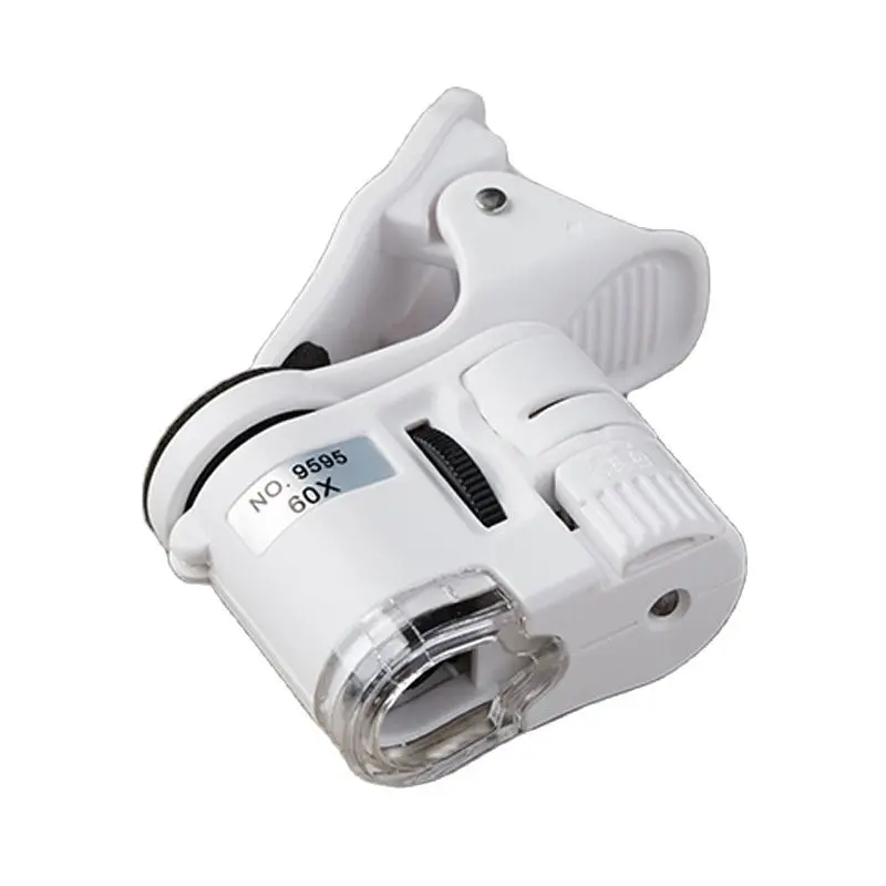 Pocket Microscope Universal Clip 60X LED Jewelry Magnifying Glass Focusing Adjusted with Cell Phone Clip UV Light