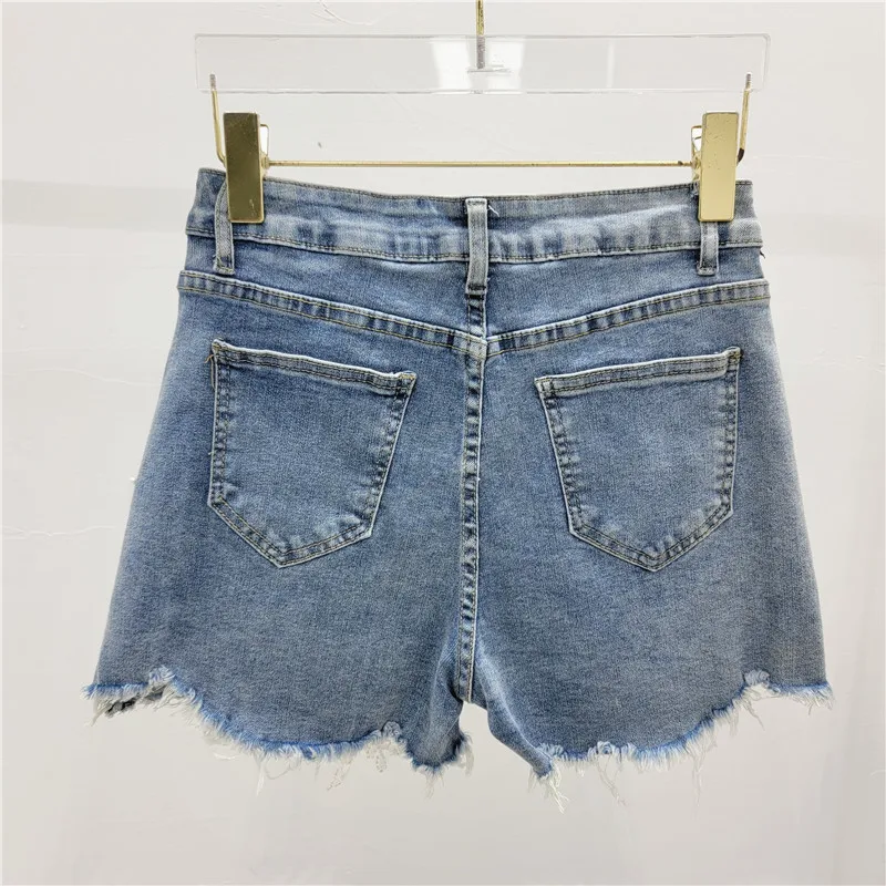 Summer Heavy Industry Beads Three-Dimensional Flower Hot Pants High Waist Loose Elastic Wide-Leg Denim Shorts Women Clothing