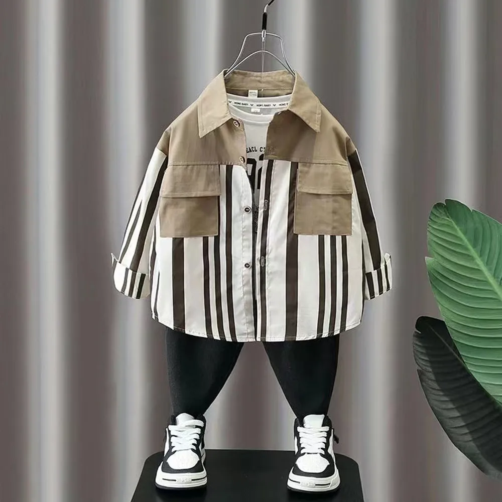 Boys Spring and Autumn Shirts New Handsome Boys Striped Shirts Children's Clothing Coat Casual Top Trend Kids Clothing