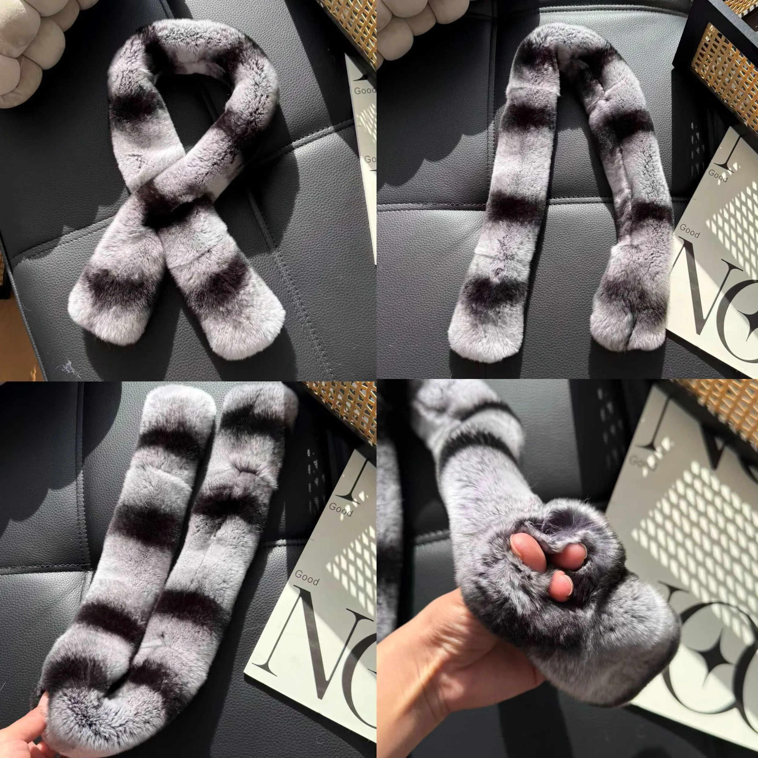 Heißer Verkauf Mode Echt Rex Kaninchen Pelz Schal Stilvolle Herbst Winter Warme Chinchilla Neck Wrap Trendy Zubehör für Männer Und Frauen – Detail 1