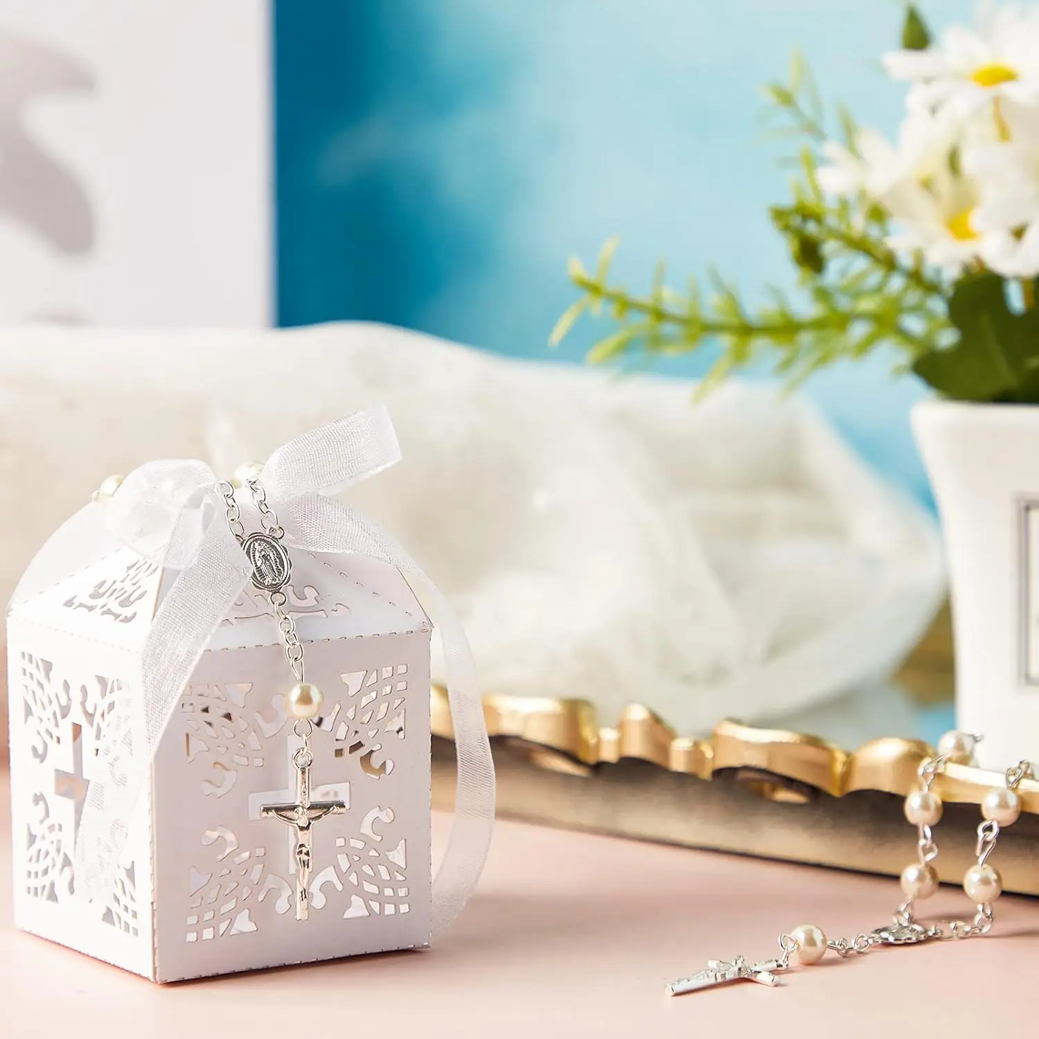 20 Packs Baptism Favors Set Acrylic Rosary Beads Faux Pearls with Organza Bags and Cross Baptism Favor Boxes Recuerdo De Boda Y - Image 5