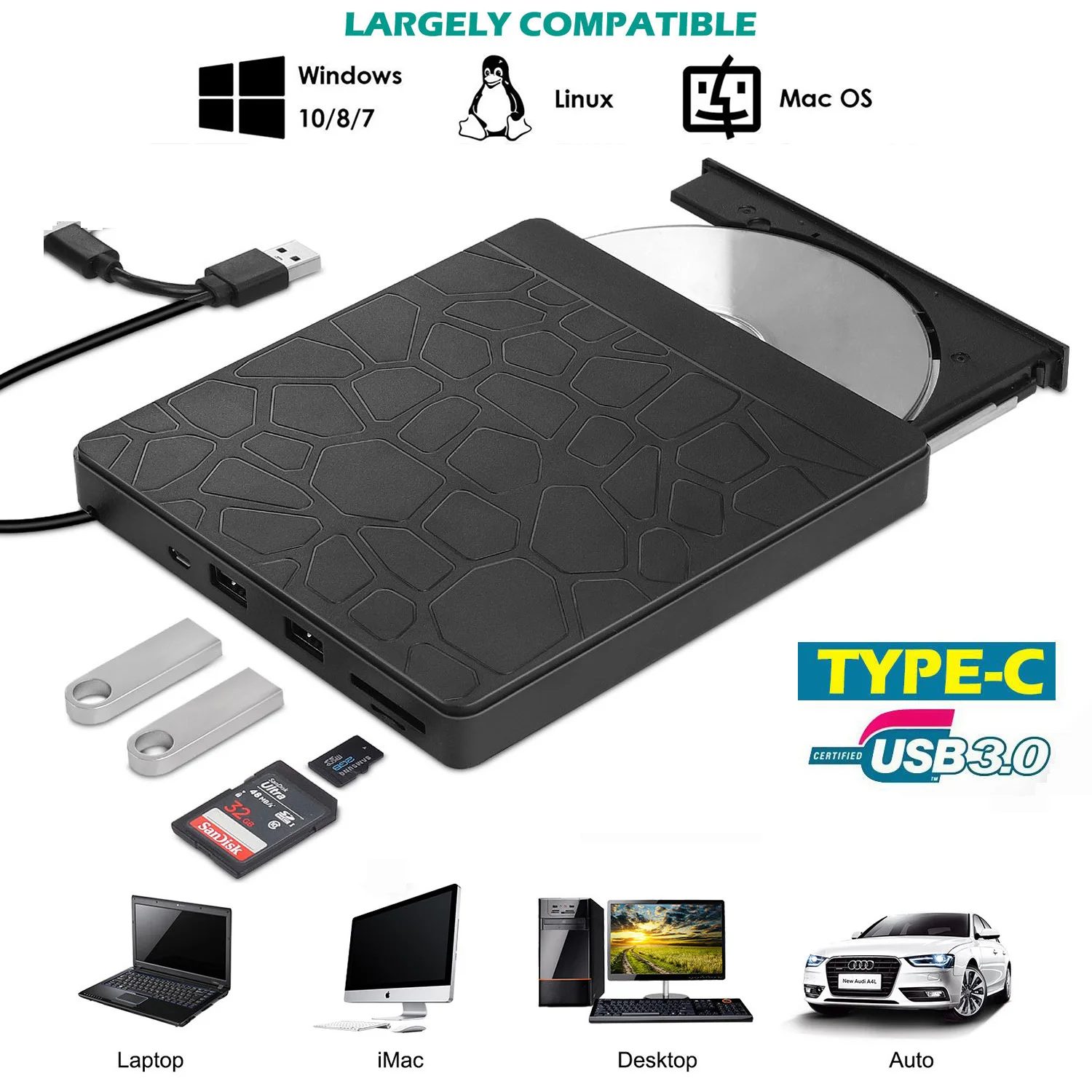 USB 3.0&TypeC External DVD Burner Multifunction Card Writer Recorder