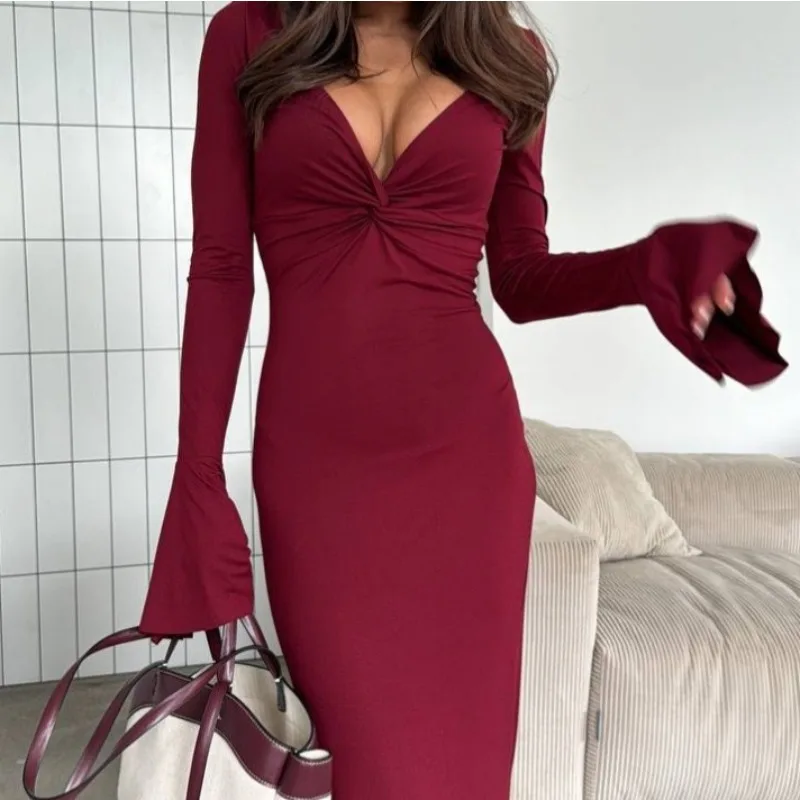 Robes longues pour femmes, nouvelle collection automne et hiver 2021, mode Sexy, col en v, manches à volants, jupes à manches longues
