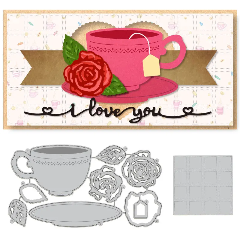 

1Set 2Pcs Rose Teacup Cutting Dies Metal Checkered Background Die Cuts Embossing Stencils Template for Scrapbooking Album