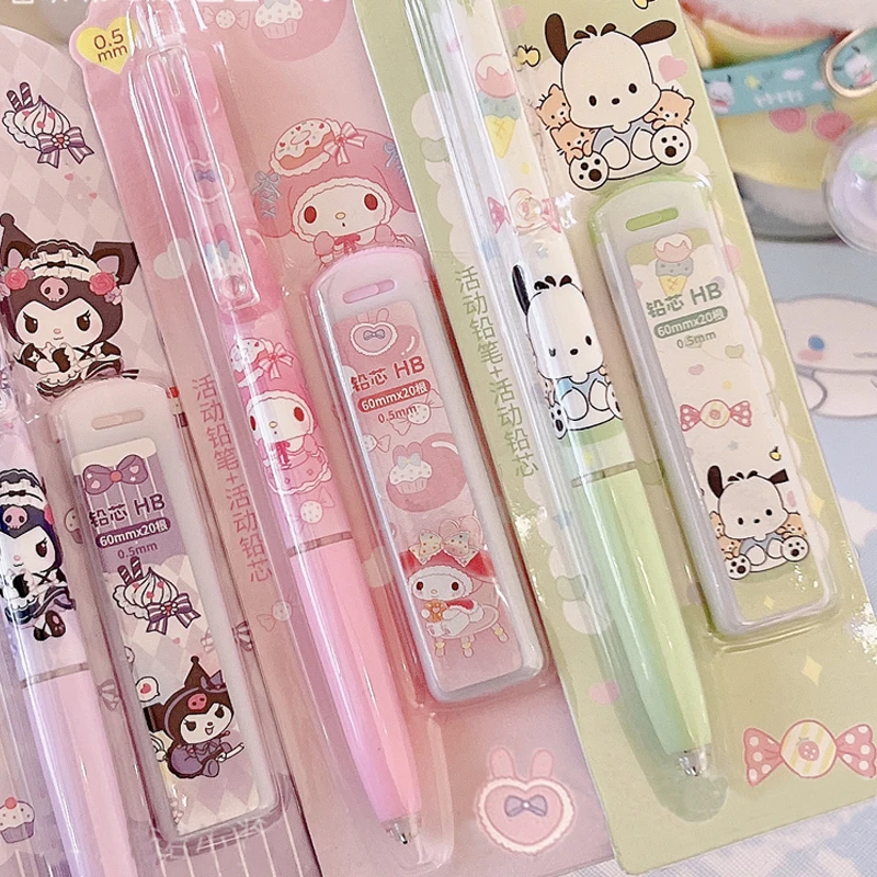 4Pcs/Set Writing Pencils Set Sanrio Melody Kuromi Cinnamoroll Pochacco Mechanical 0.5mm Press Office Students Stationery Kids Gifts