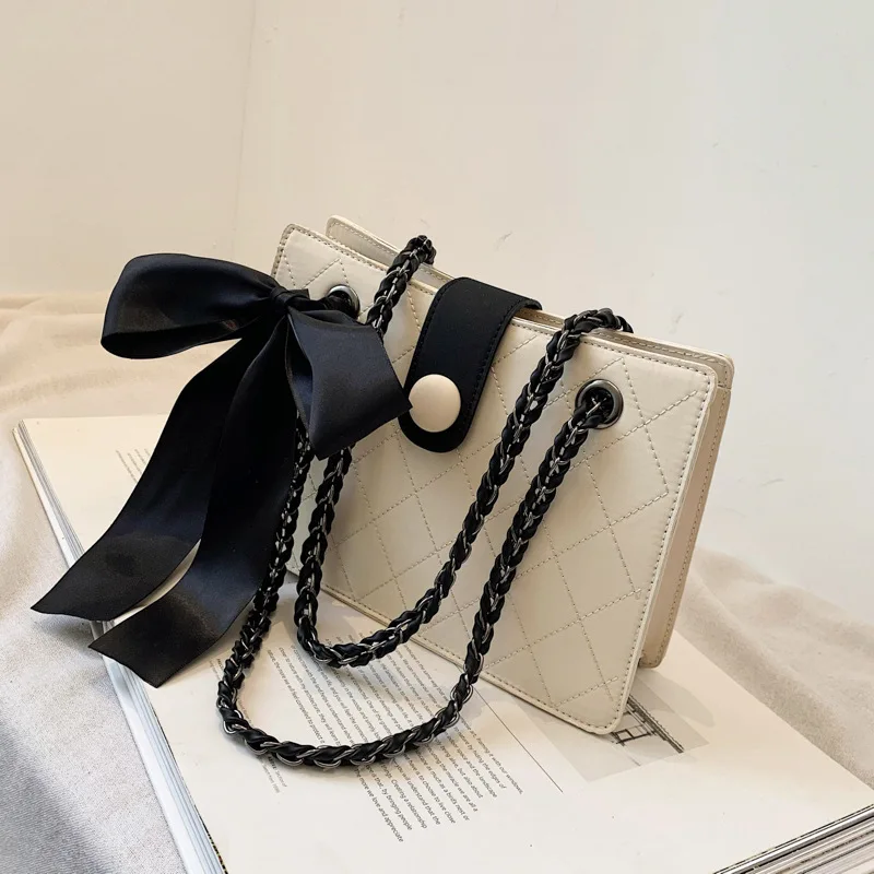 Elegant Square Shoulder Bag For Women With Chain Strap And Ribbons_voghion.com