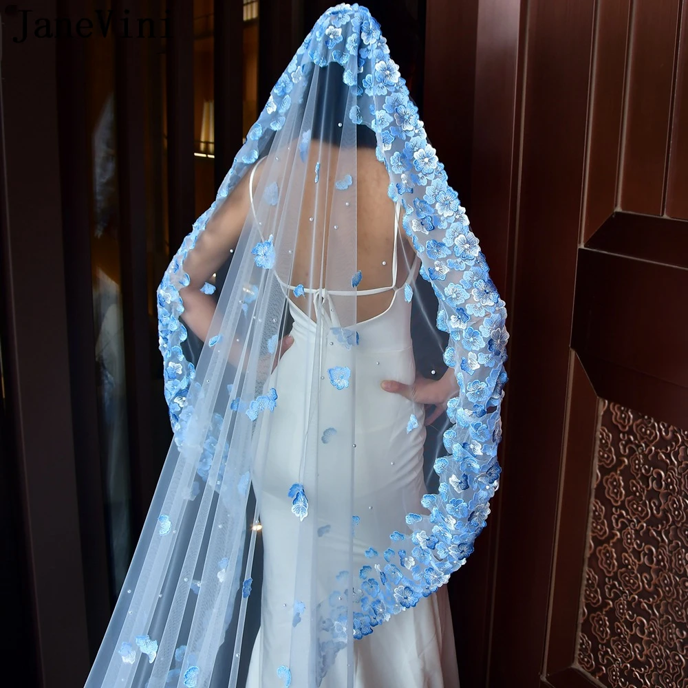 Bridal Veil Light Blue Extra Long Trailing Simple Wedding Veil Ocean B –  DorrisDress