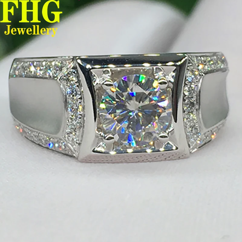 

Solid 9K Au375 White Gold Men Ring DVVS1 Moissanite Diamonds 1 Carat Round Wedding Party Engagement Anniversary Ring