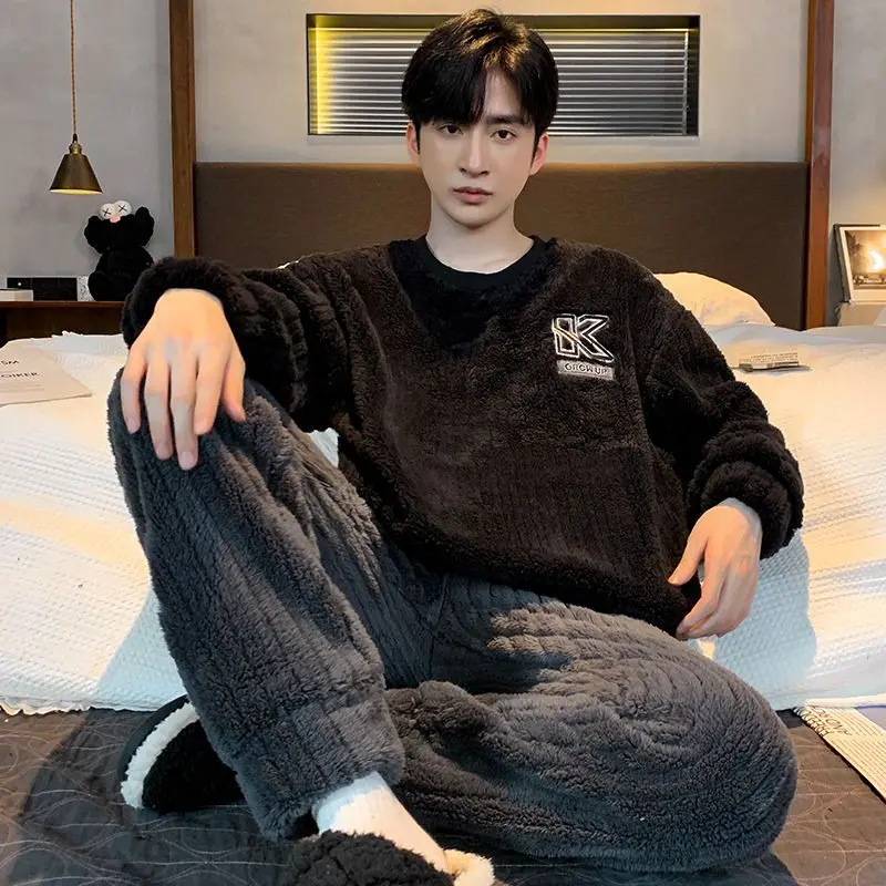 Men Luxury Flannel Pyjamas Sets Winter Super Warm Pijamas Fashion Letter Sleepwear Suit Casual Nightwear  Top +Pant Leisure 4XL