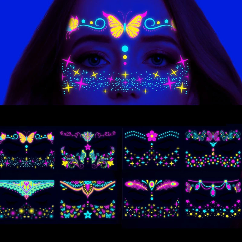 Fluorescent Waterproof Face Tattoo Sticker Temporary Face Sticker for Halloween Music Concert Party Night Club Makeup Tattoos 345w beam super beam moving head light 3 layers of 8 16 24 prism professional for concert show dj disco music stage light