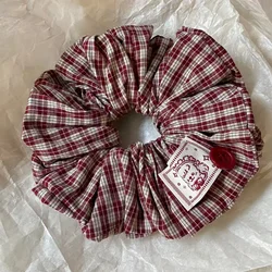 Vintage Red Plaid Scrunchie with Cute Label & Button Detail - Fashion Hair Accessory (Red)