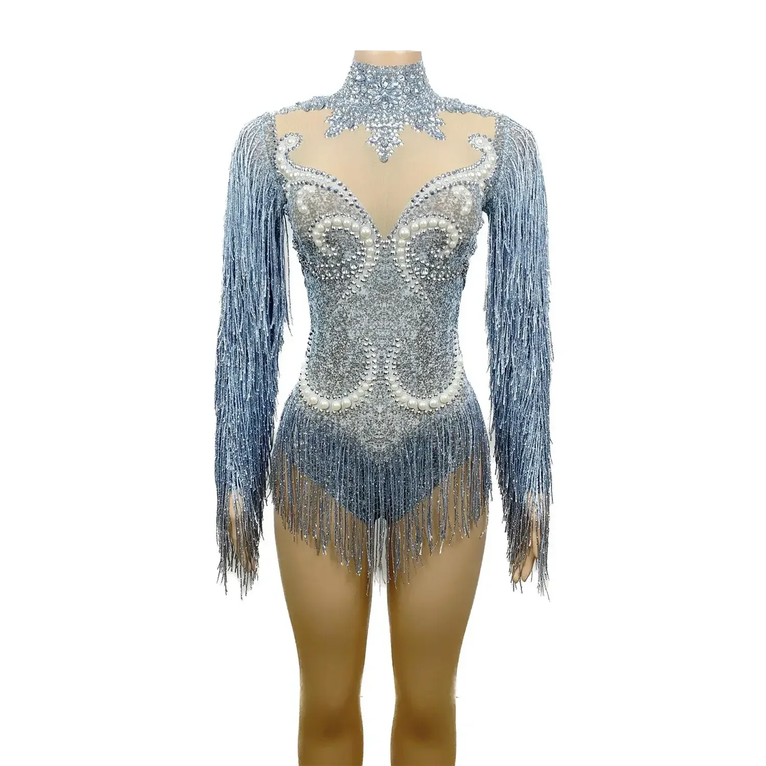 

Silver Tassel Sparkling Crystals Bosysuit Women Sexy Singer Dancer Stage Wear Costume Celebrate Nightclub Party Catsuit