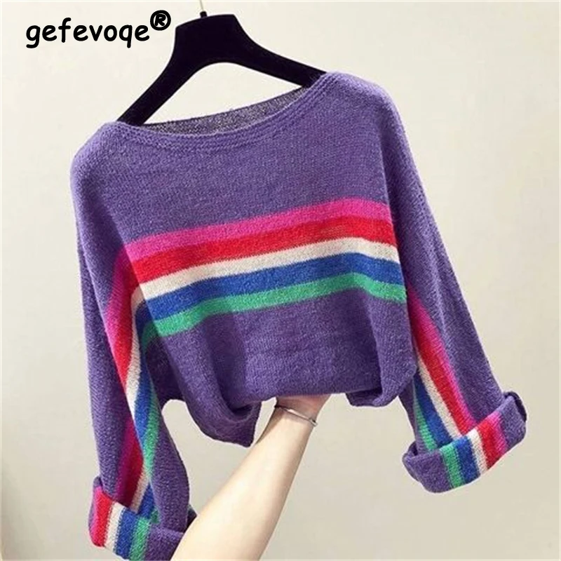 

Women's Clothing Autumn Winter Trendy Striped Streetwear Y2K Knitted Sweater Casual Loose Long Sleeve Pullover Tops Chic Jumpers