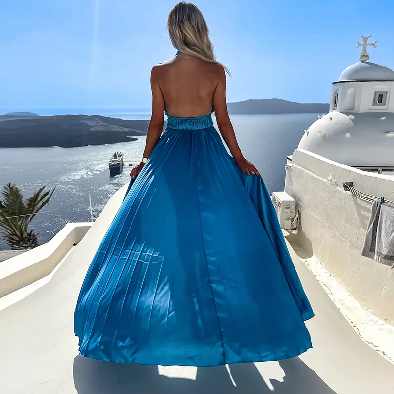 mulheres verão elegante cruz halter maxi vestido casual cor sólida sem mangas sem costas comute vestidos femme praia férias vestido de verão