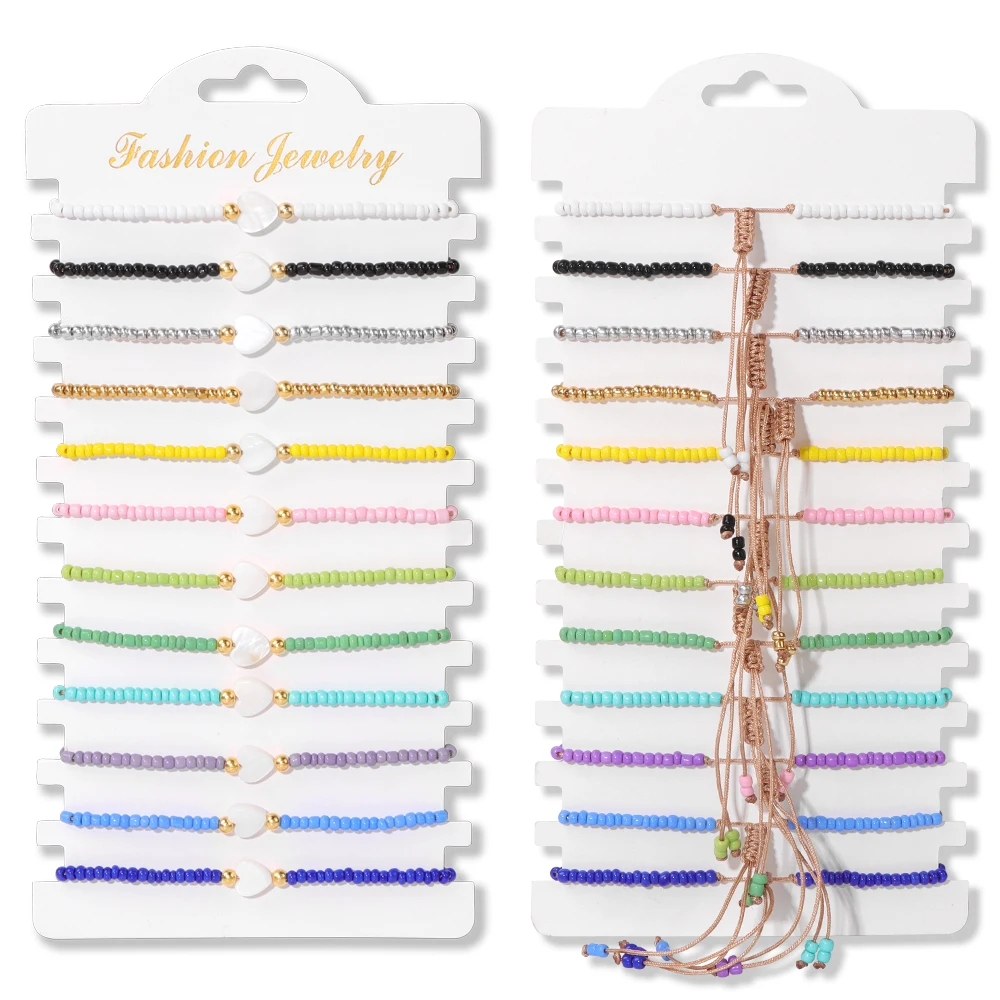 Colorful Natural Stone Adjustable Rope Bracelets - Handmade Bohemian Set with Cards (12 Pieces)