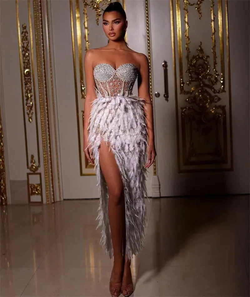 

High Quality Gorgeous Feathers Beading High Slit Strapless Long Dress Woman Evening Dress Celebrity Birthday Party Outfit