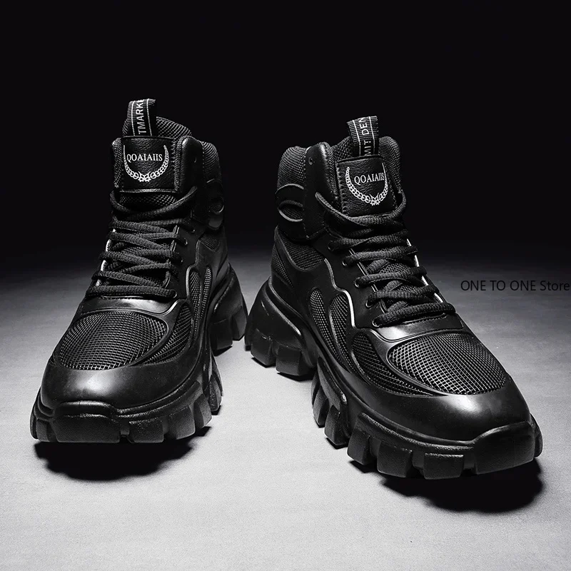 Men Leather Boots Black High Gang Platform Boots Winter Plush Velvet Outdoor Increased Sports Non Slip New Round Shape Shoes