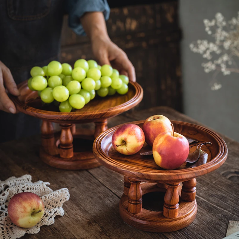 

Z Ou vintage teak wooden round cake pastry snacks fruit tray entrance sundries storage rack shelf