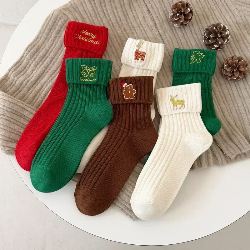 

Cotton Cartoon Christmas Socks for Women Embroidery Merry Christmas Socks Female Cute Mid Tube Letter Socks JK Christmas's Sock