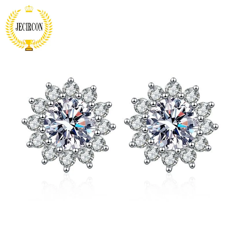 

JECIRCON-925 Sterling Silver Moissanite Earrings for Women SunFlower Ear Studs Trendy All-match Fine Jewelry 0.5/1 Carat D Color