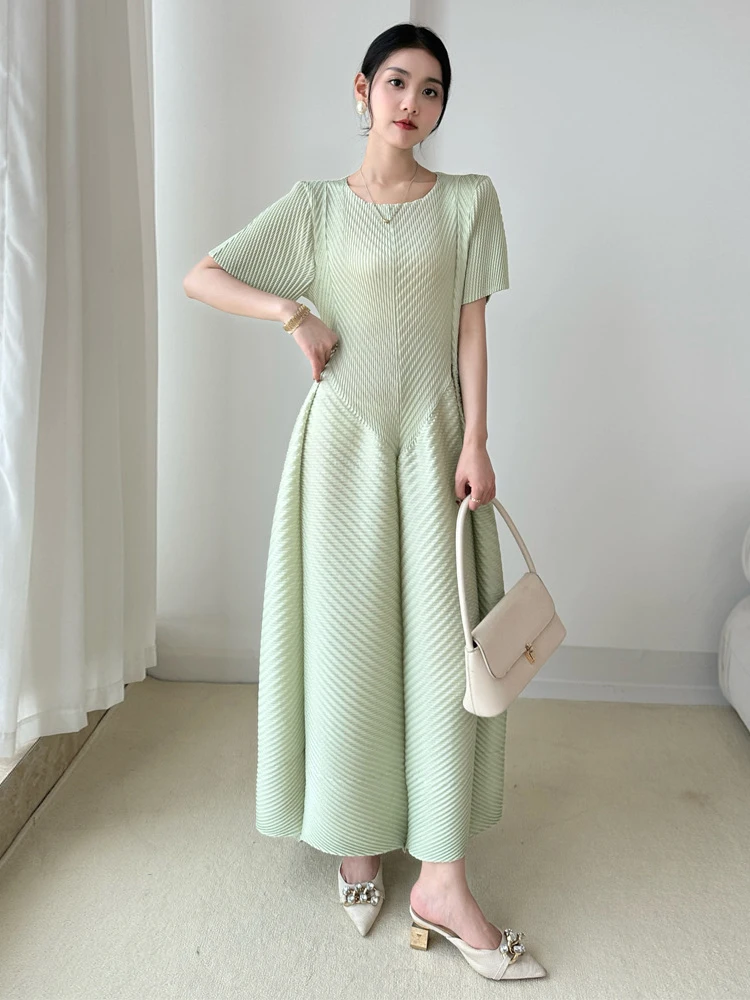 LANMREM High End Purple Pleated Women's Dress 2025 New Round Neck Short Sleeved Spliced Design Ball Gown Summer Dresses 2DB3489 - Image 3