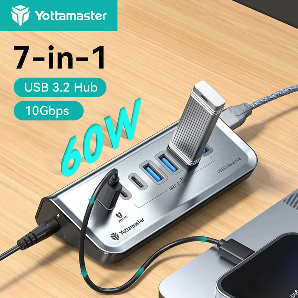 Yottamaster 10Gbps Hub USB 3.2 תחנת עגינה להעברת נתונים מתאם 7 יציאות PD 60W Type-C USB A מפצל למקלדת מחשבים ניידים