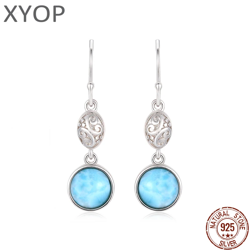 

Natural Precious Larimar Earrings for Women Fashion Geometric Round Charm 925 Sterling Silver Jewelry Long Eardrop Gift Classic