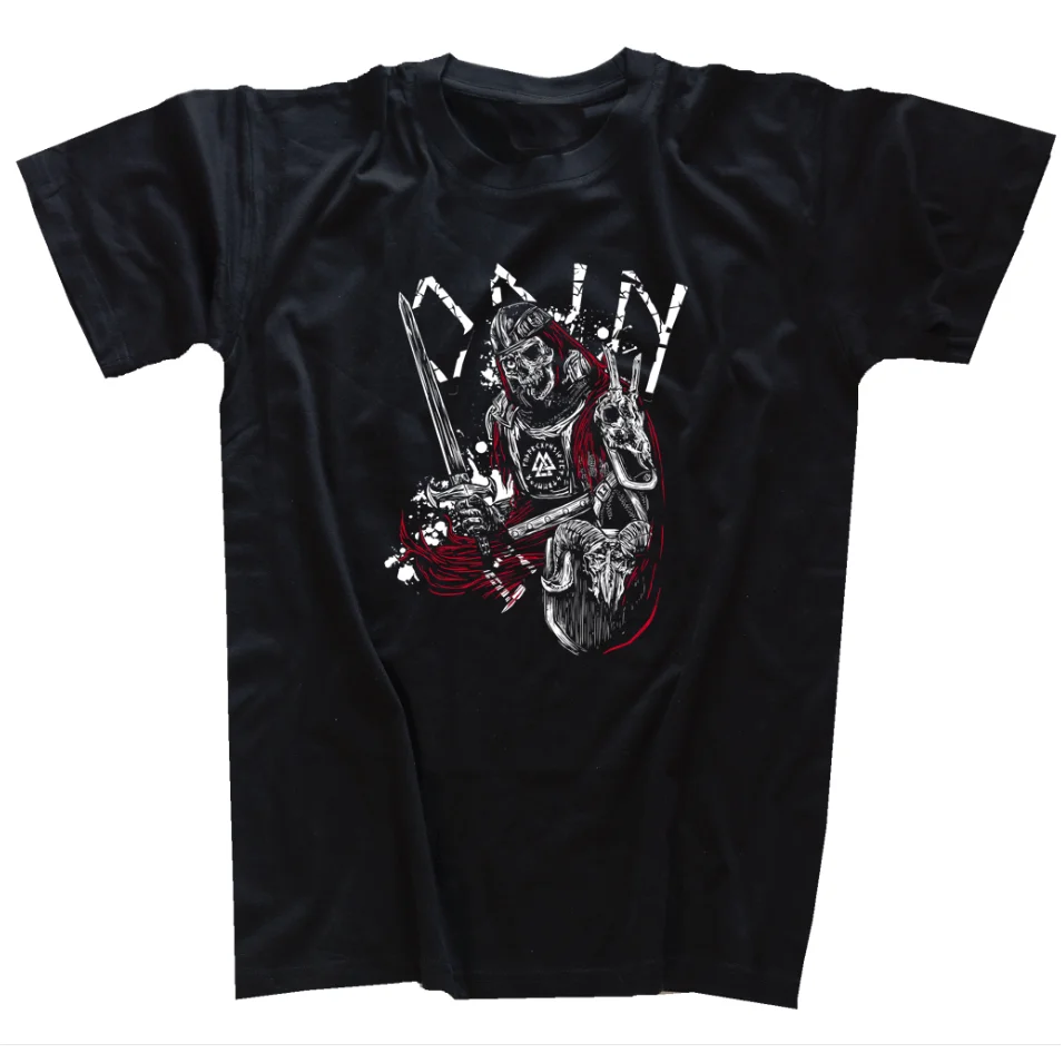 

Odin Father of Gods Germanic Vi king Skull Warrior Valhalla T-Shirt 100% Cotton O-Neck Summer Short Sleeve Casual Mens T-shirt